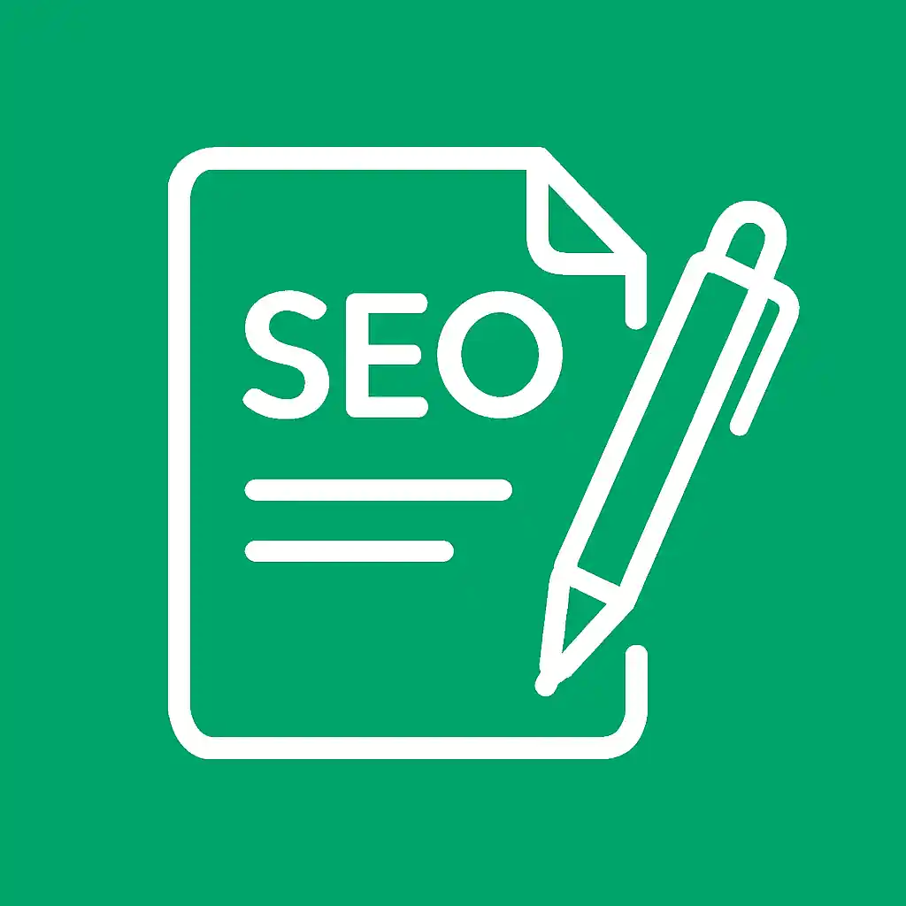 White SEO writing icon with pen and folded document on green background, symbolizing content creation for search optimization