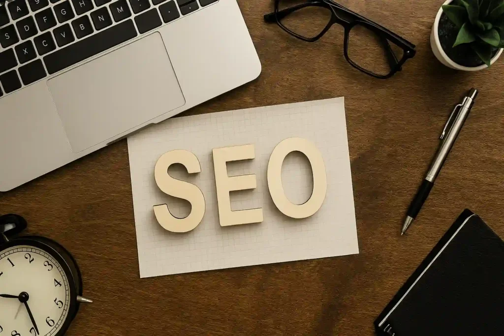 Realistic workspace with laptop displaying SEO analytics, surrounded by digital marketing tools