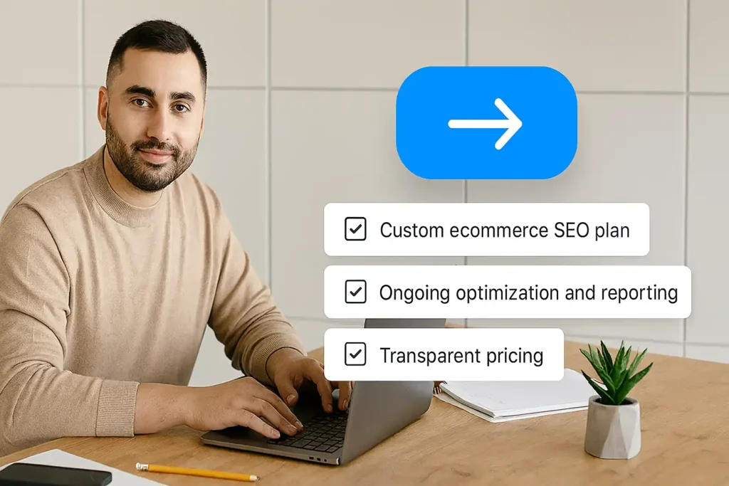 Modern workspace showcasing ecommerce SEO strategy with analytics, mobile stats, and planning tools