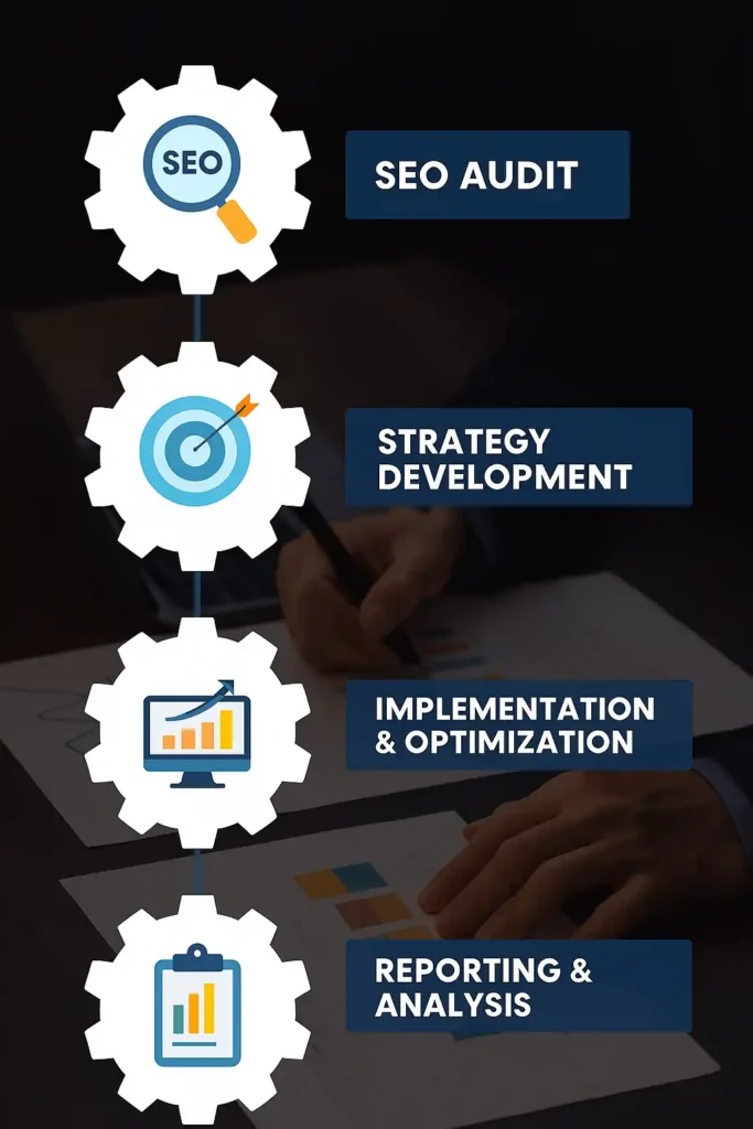 Realistic workspace showing SEO audit tools, keyword strategy dashboards, and analytics reporting in action