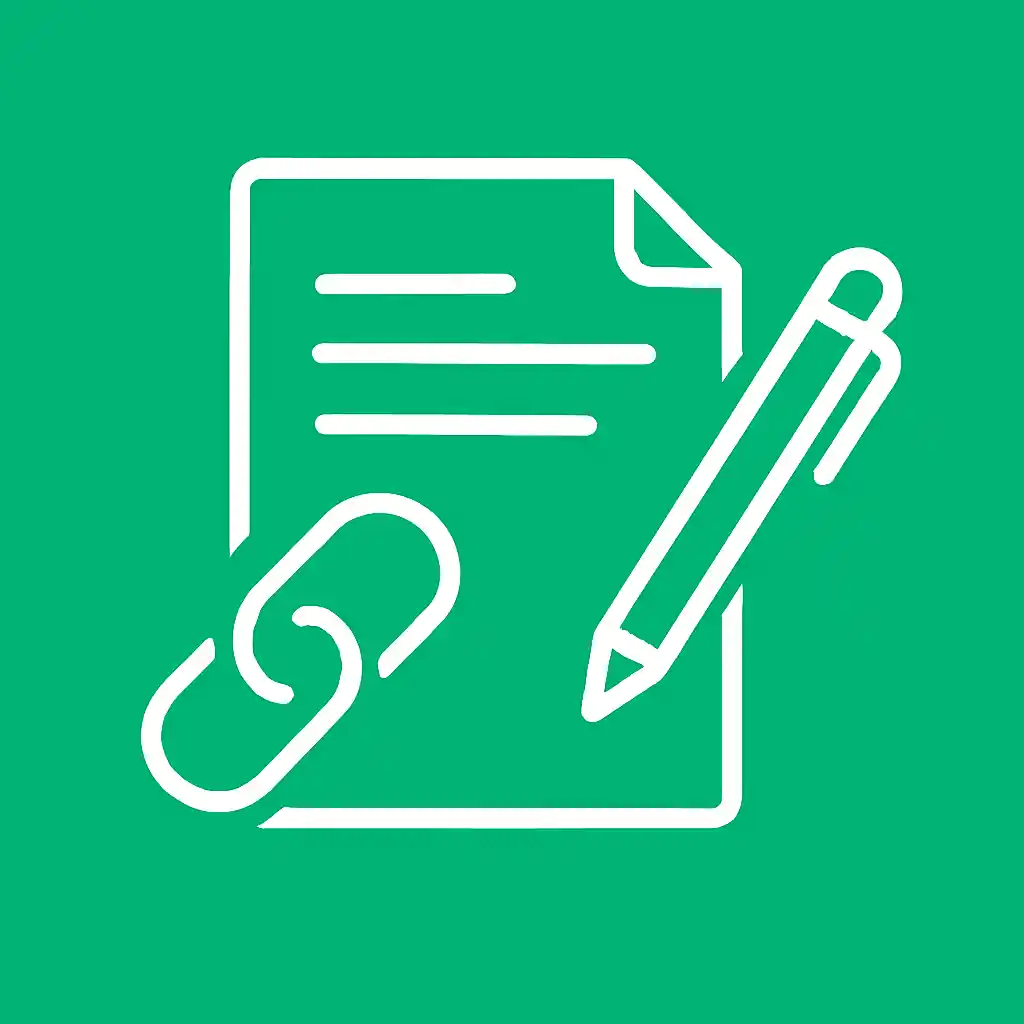 Flat vector icon of SEO audit and strategy featuring a white document, pen, and link symbol on a solid green background