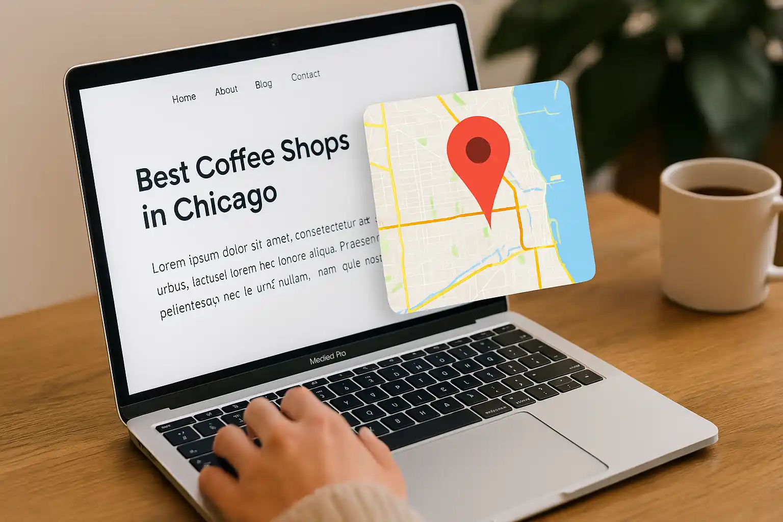 Laptop screen displaying a blog post with location-based keywords and a digital map, illustrating geomodifiers for local SEO.