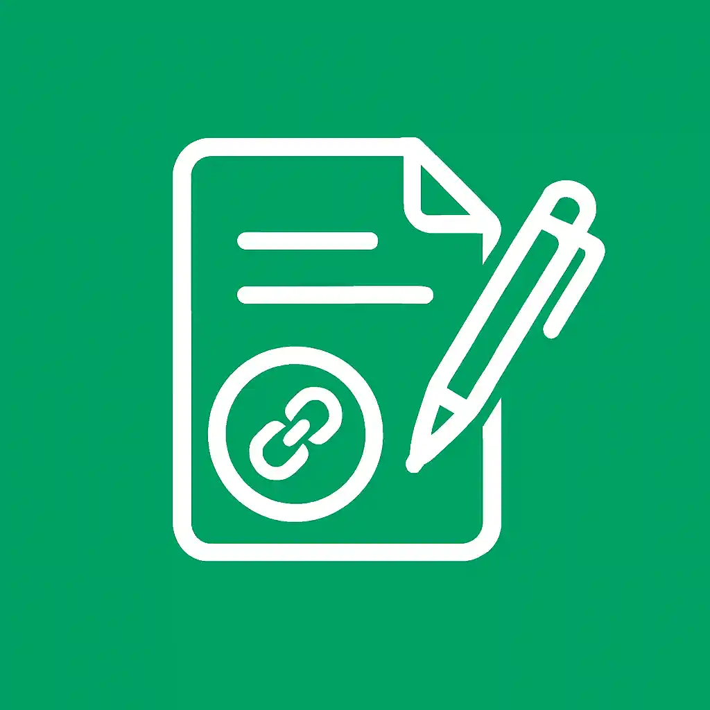 Green icon showing a document with pencil and hyperlink symbol, representing blog post editing or content creation