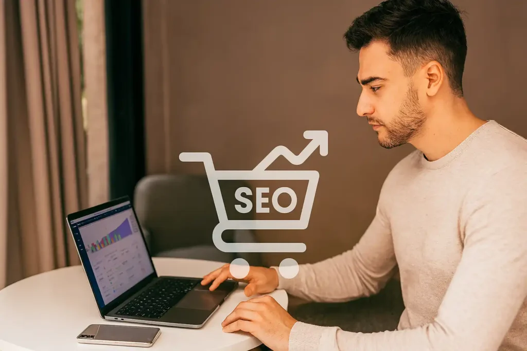 Freelancer analyzing ecommerce SEO performance on laptop with analytics dashboard and product metrics