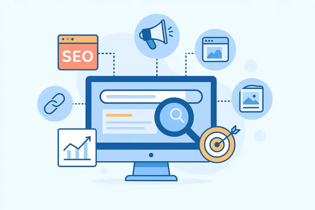 Illustration of SEO and digital marketing strategies including keyword research, SERP optimization, technical SEO, and outreach channels.