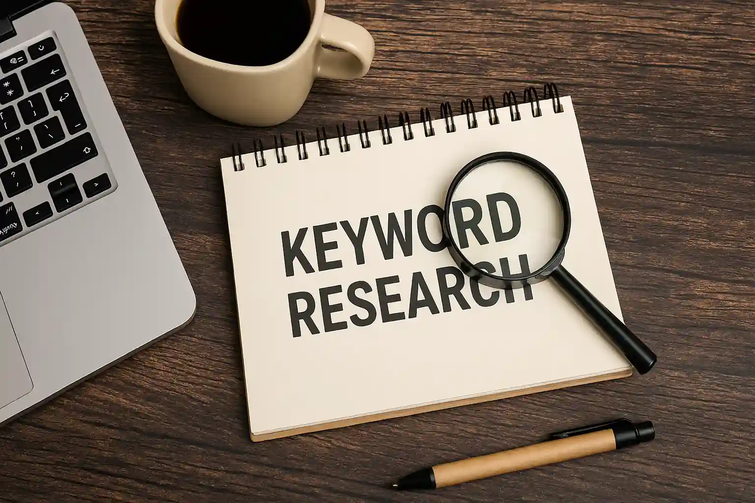 Modern workspace showing keyword research tools on a laptop screen, with charts, graphs, and a magnifying glass highlighting SEO analysis.