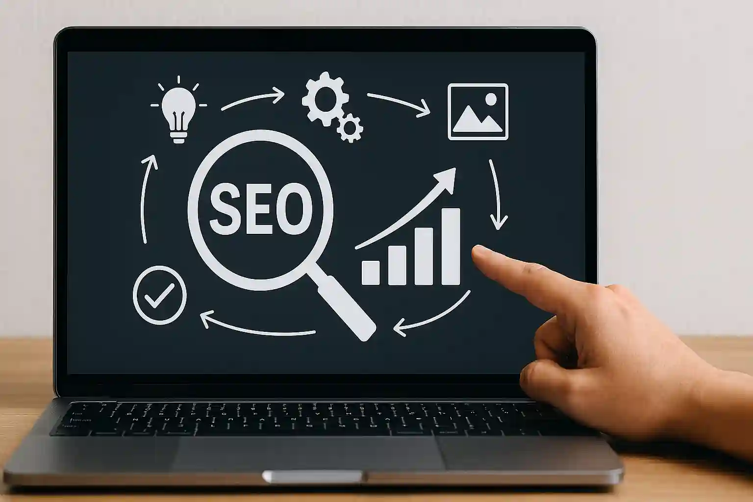 Laptop screen displaying SEO improvement visuals including upward graphs, optimization icons, and a magnifying glass labeled "SEO," with a hand pointing toward the chart.