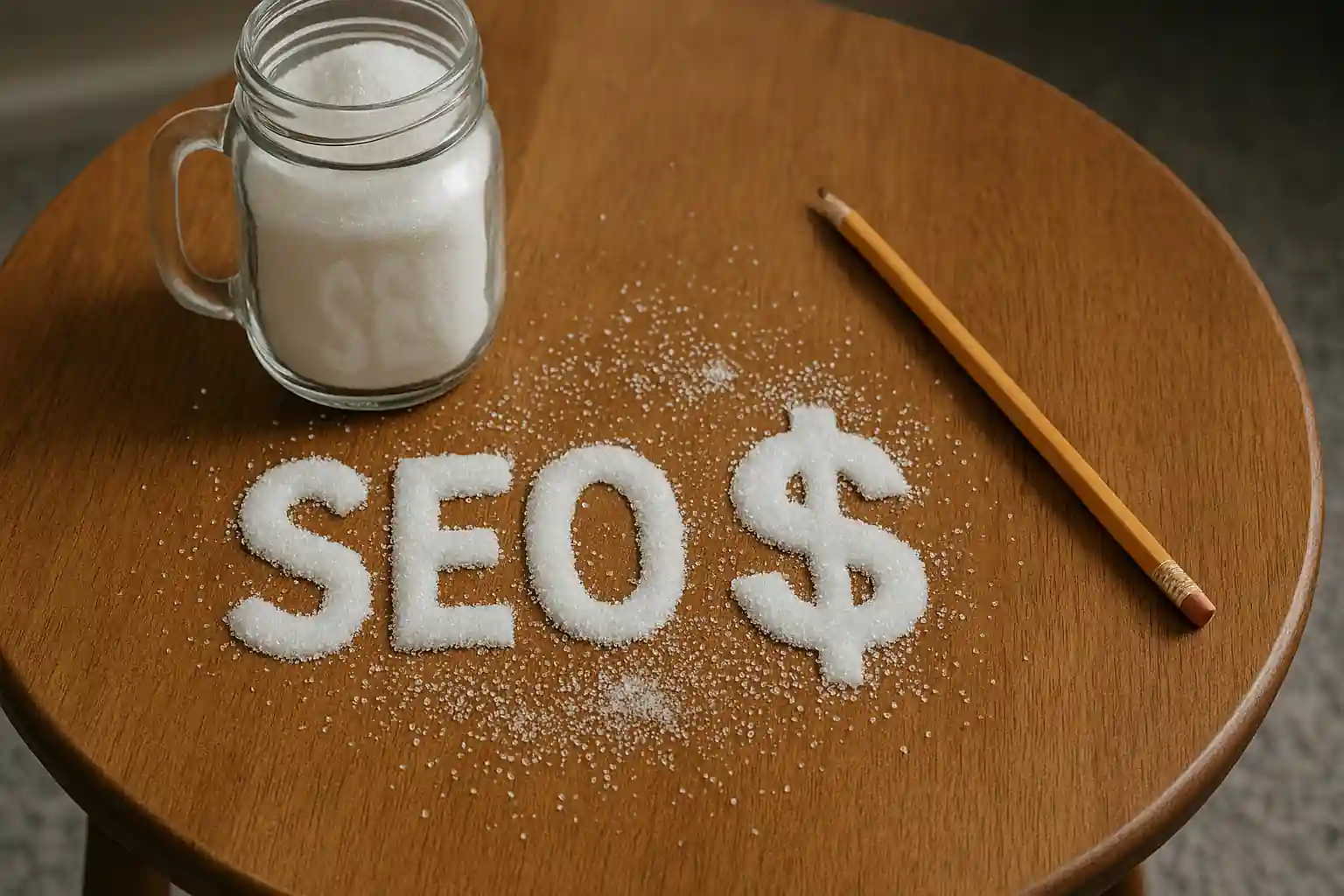 Visual representation of SEO budgeting for nonprofits, featuring sugar-formed “SEO” and dollar sign symbols on a wooden table with a pencil and jar.