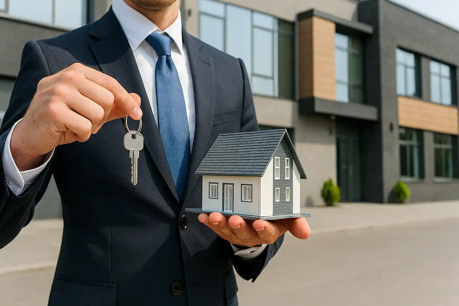 Real estate agent standing between two modern office buildings with digital map pin and search interface elements, symbolizing SEO-driven expansion