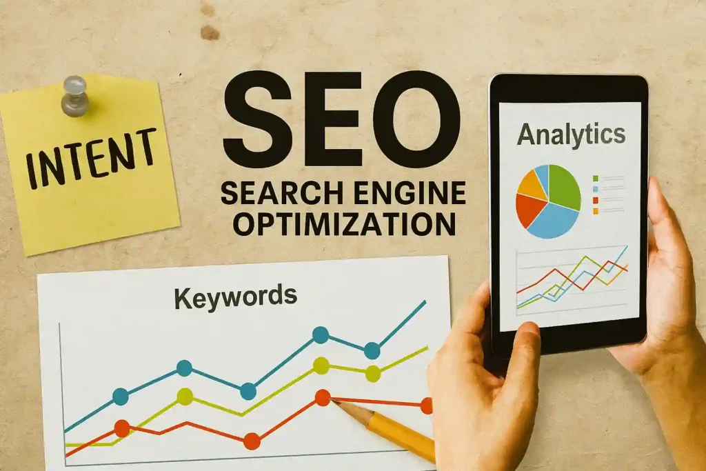 Realistic visual representation of SEO fundamentals including keyword research, search intent, and analytics tools