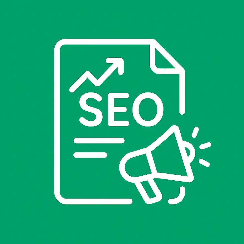 White SEO document icon with rising arrow and megaphone on green background, symbolizing search engine growth and content promotion