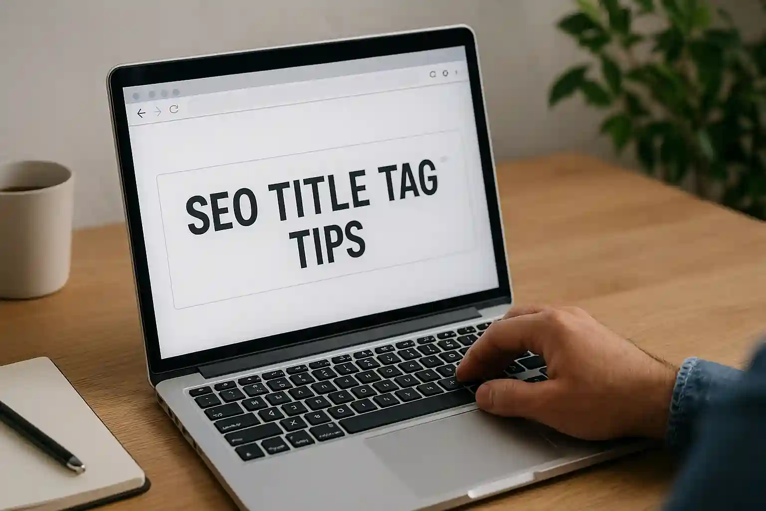 Person crafting SEO-friendly page titles on a laptop, surrounded by writing tools and natural lighting