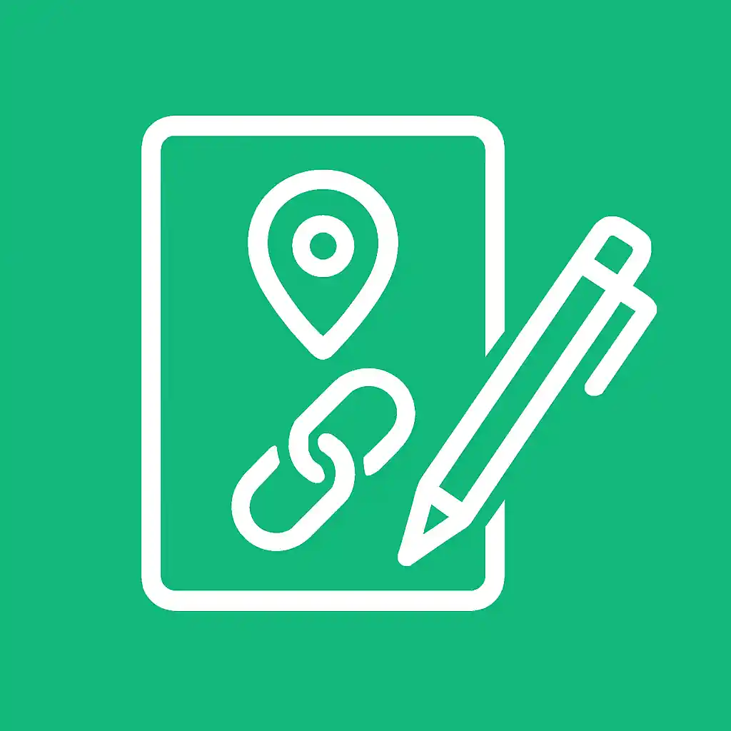Flat icon illustration of a white document with location pin, link, and pen symbols on a solid green background representing Local SEO strategy