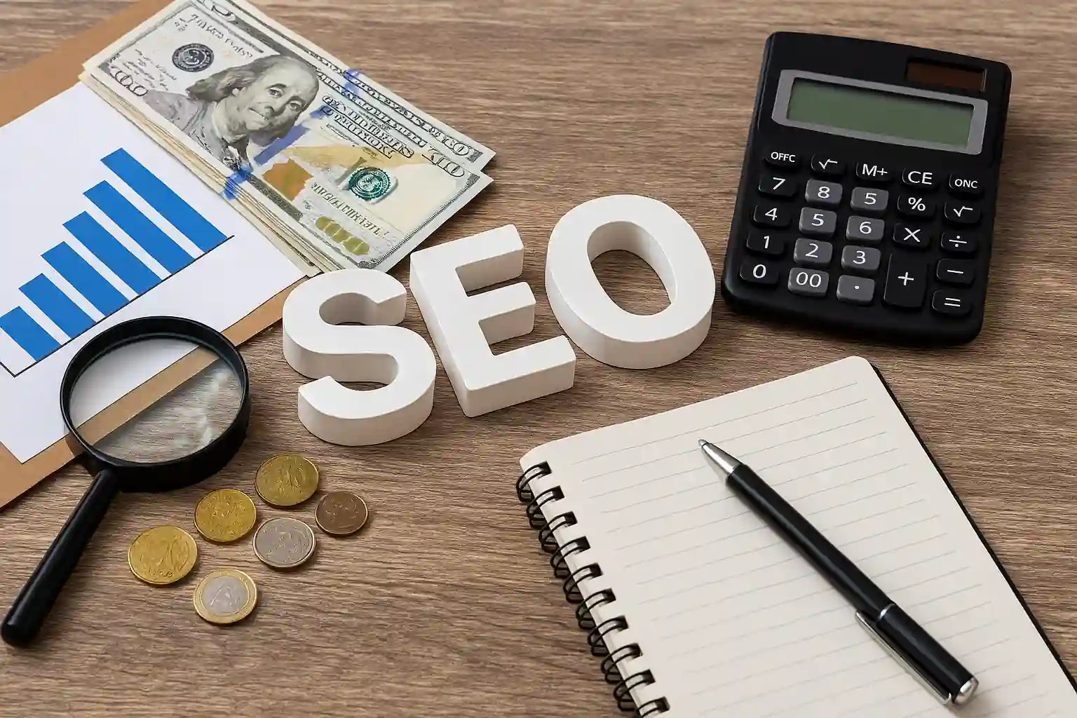 Realistic visual showing SEO pricing elements including charts, coins, magnifying glass, and digital tools—representing the cost of SEO services.
