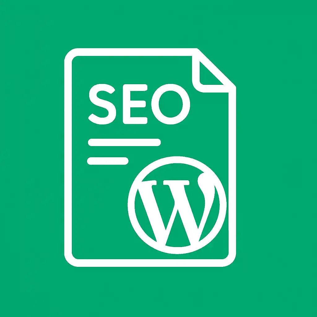 White document icon with SEO text and WordPress logo on green background, symbolizing search optimization for WordPress websites