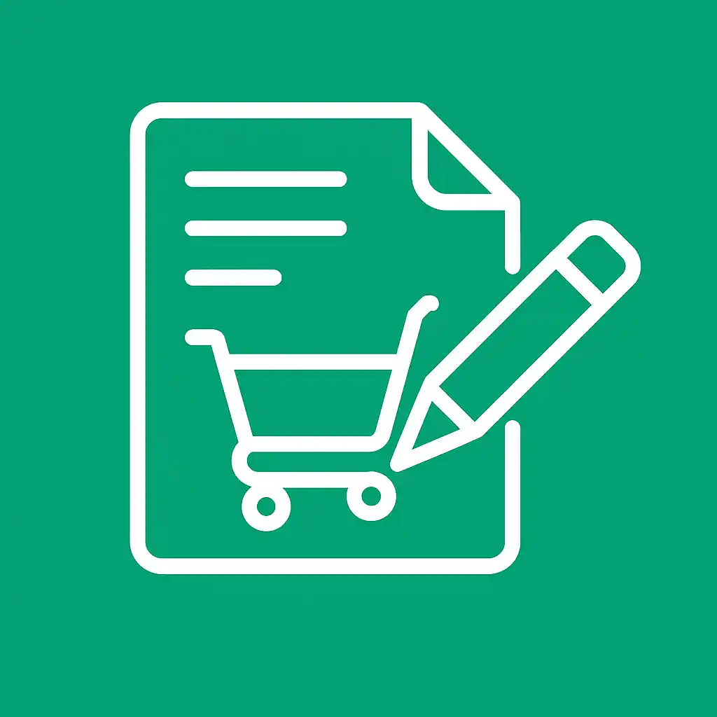 Flat vector icon representing Ecommerce with a white shopping cart, document, and pencil on solid green background (#22B67A)